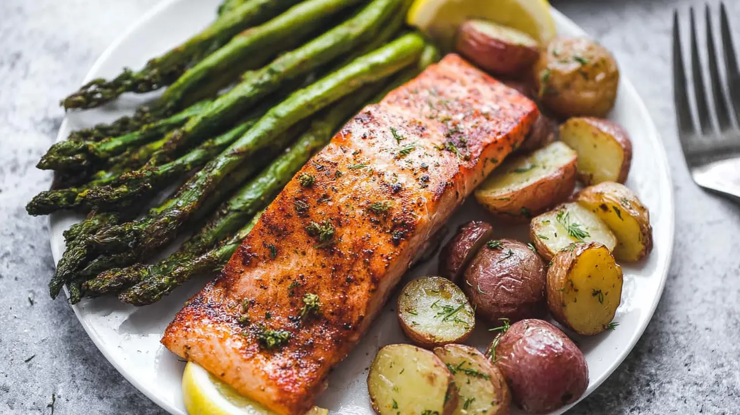 Sheet Pan Salmon with Asparagus & Potatoes — everything roasts together.: Top 5 Tips 1 A baking sheet with salmon fillets, green asparagus, and golden potatoes.