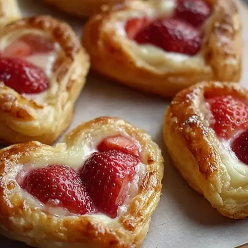 Flaky Strawberry Cream Cheese Heart Danishes arranged decoratively