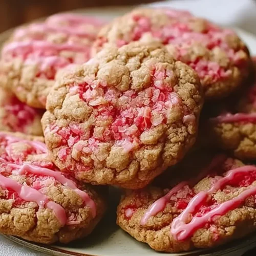 A plate of freshly baked strawberry crunch cookies, showcasing their vibrant pink color and textured topping.
