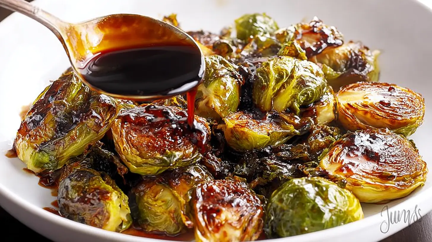 Maple Balsamic Chicken with Brussels Sprouts — sweet glaze + crisp veg.: 2 easy steps 1 A close-up of tender chicken glazed with maple balsamic, served alongside perfectly roasted Brussels sprouts.