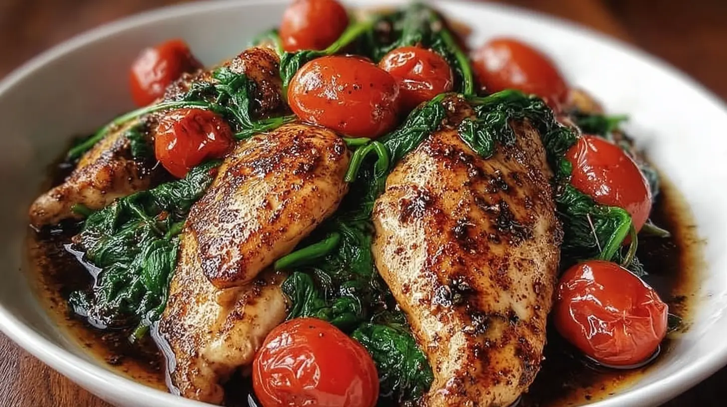 Balsamic Garlic Chicken with Tomatoes & Spinach — tangy sauce, cooks in one skillet: How 1 Dish Does It All 1 One-pan balsamic garlic chicken with tomatoes and spinach in a rich, tangy sauce