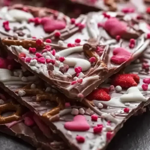 Valentine's Day chocolate bark topped with festive sprinkles and candies