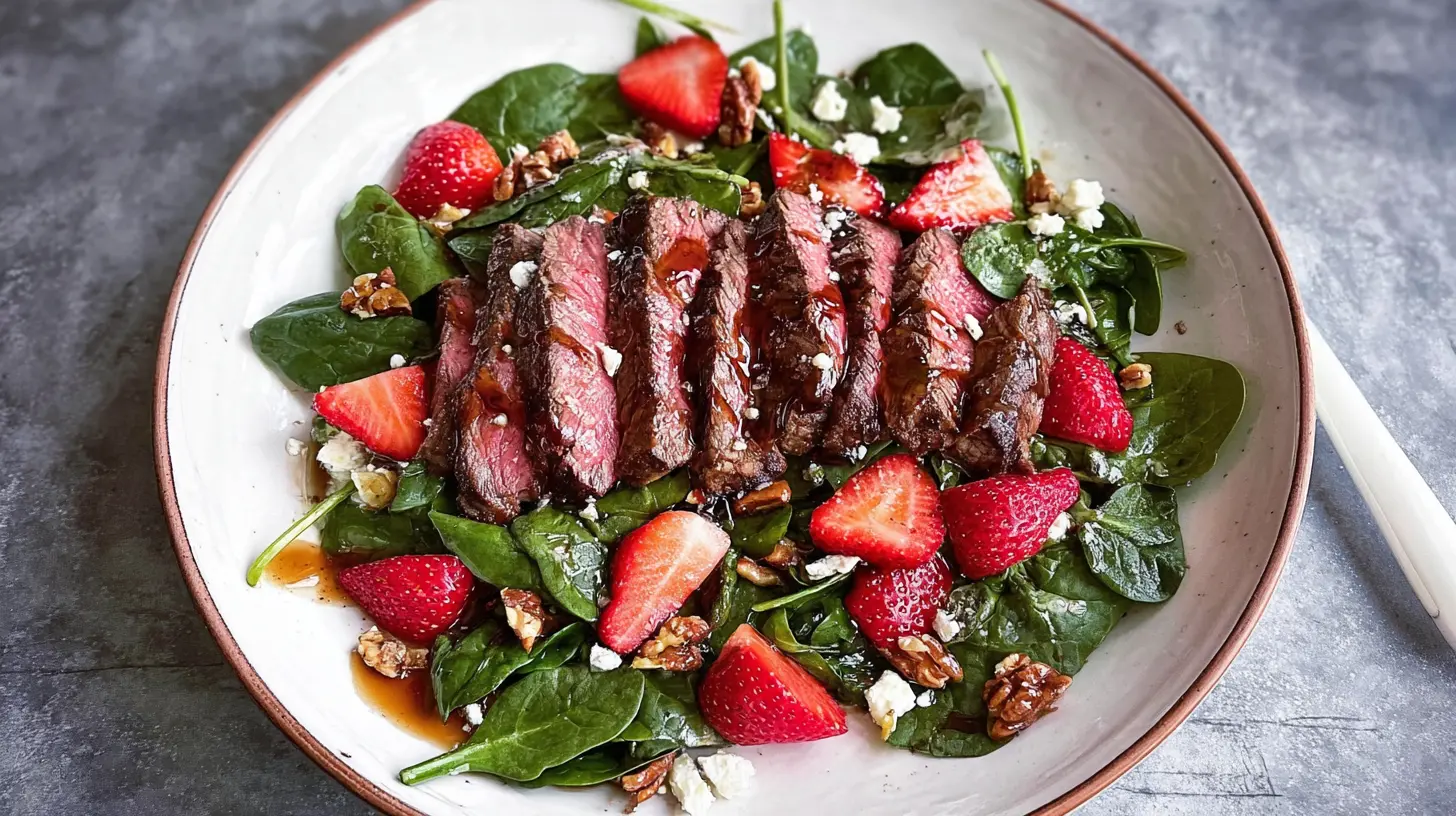 A vibrant steak and strawberry spinach salad tossed with a rich balsamic glaze