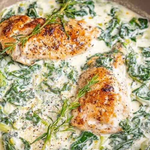A delicious creamy spinach chicken dinner served in a bowl.