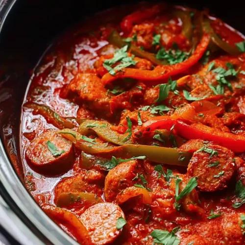 Crockpot sausage and peppers simmering in a slow cooker