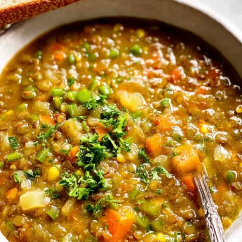 A steaming bowl of Crockpot vegetable lentil stew, freshly made.