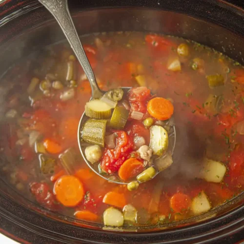 A steaming bowl of Crockpot Vegetable Soup filled with colorful vegetables
