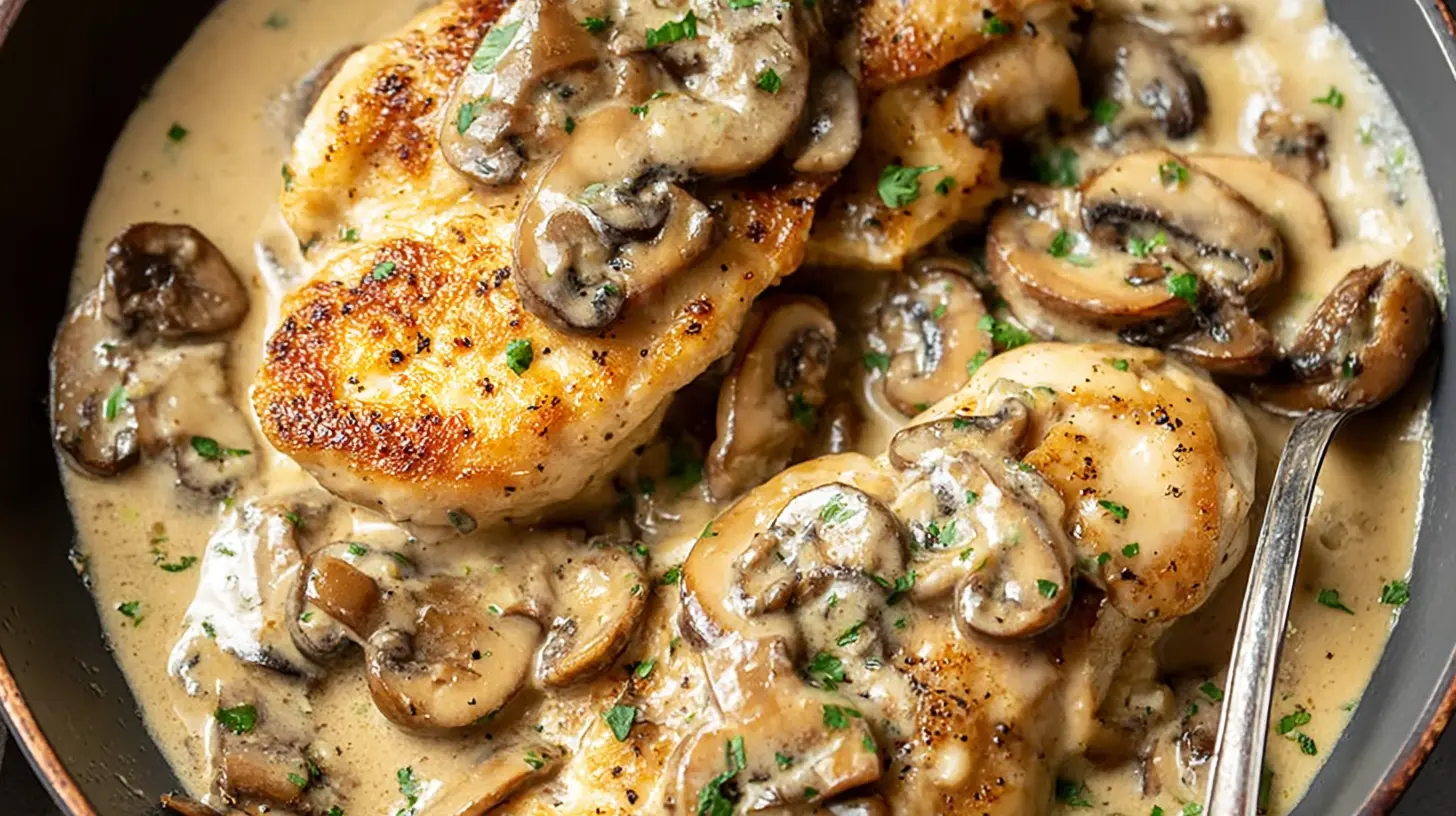 Creamy Mushroom Chicken Dinner: 3 Easy Steps to Yum 1 Delicious creamy mushroom chicken dish, ready to eat with a rich sauce.
