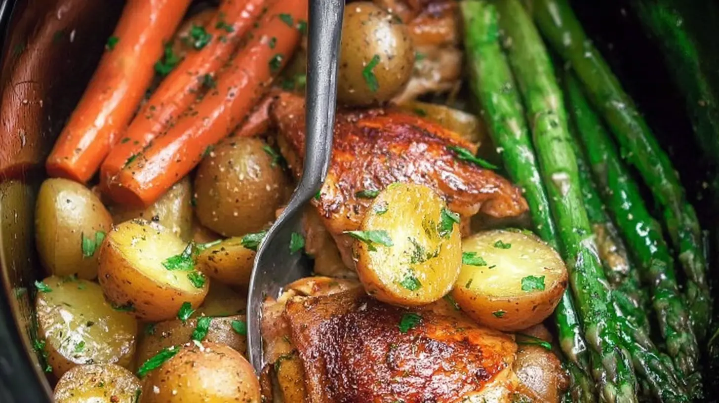 Delicious slow cooker chicken and vegetables with broccoli, carrots, and potatoes, creating a balanced meal.