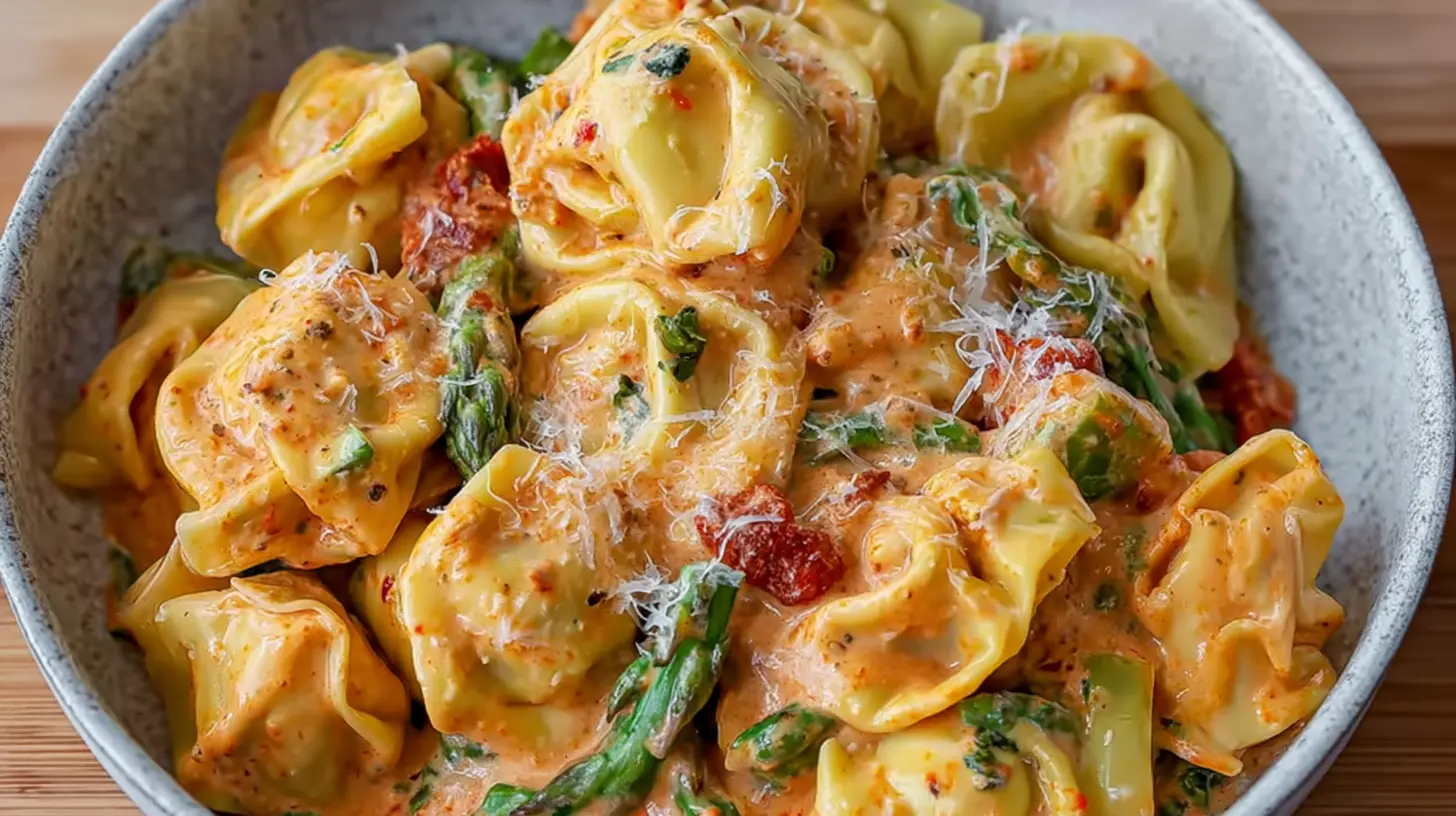 One-Pot Creamy Garlic Parmesan Tortellini — no draining, super easy: 1 Secret! 1 Close-up of creamy garlic parmesan tortellini cooked in a single pot, ready to serve.