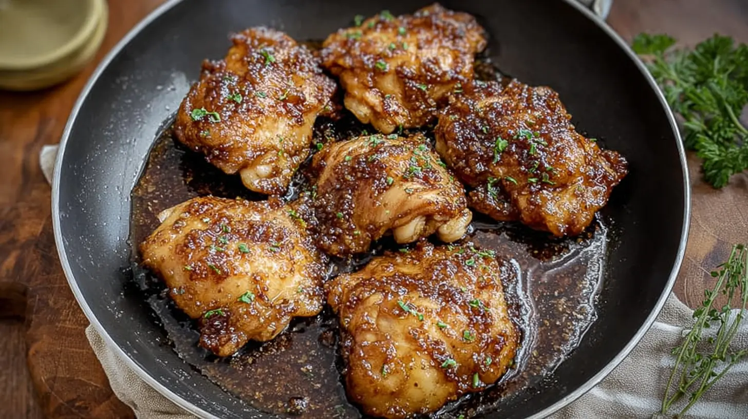 Honey Garlic Chicken Thighs: 10 Minute Meal Magic! 1 Golden-brown honey garlic chicken thighs garnished with fresh parsley