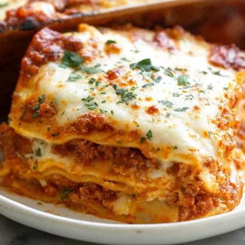 A baking dish filled with an easy lasagna dinner, ready to serve.