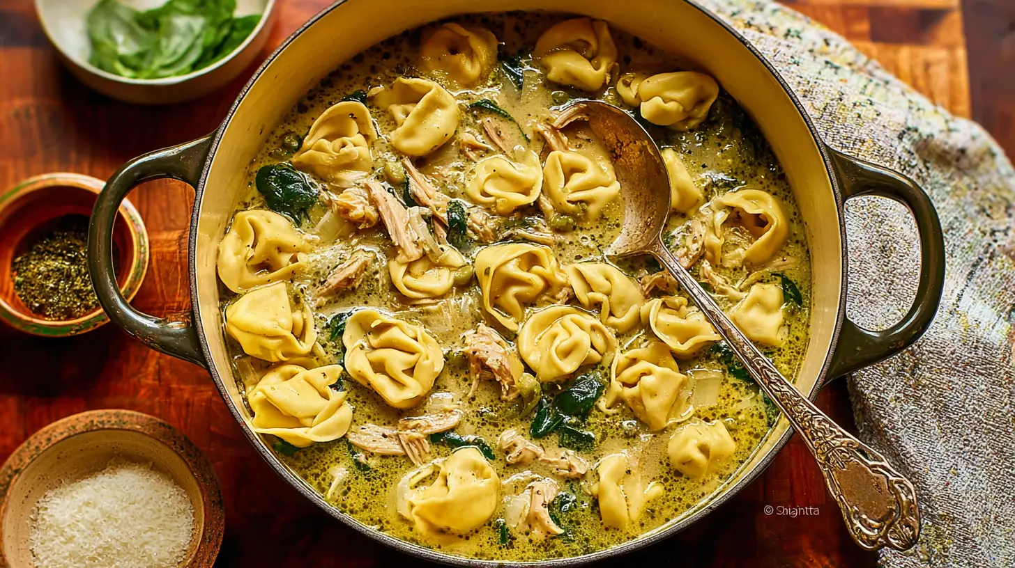 Hearty Tortellini Soup featuring spinach, pasta, and savory broth.