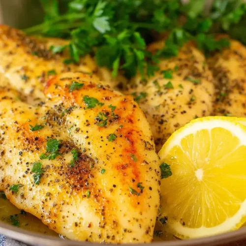 A cooked lemon pepper chicken dinner on a white plate with sides.