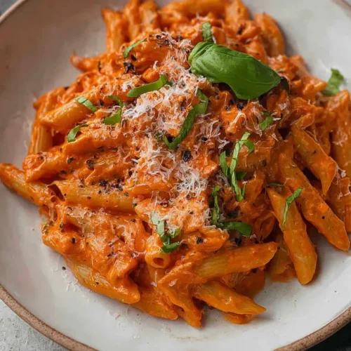 A vibrant, richly colored one-pot creamy tomato pasta dish in a skillet.