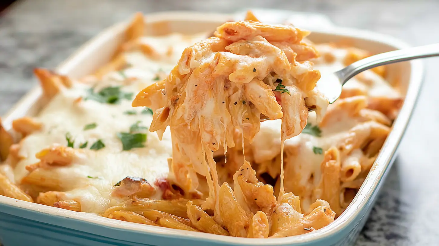 Delicious baked penne pasta dish covered in melted cheese.