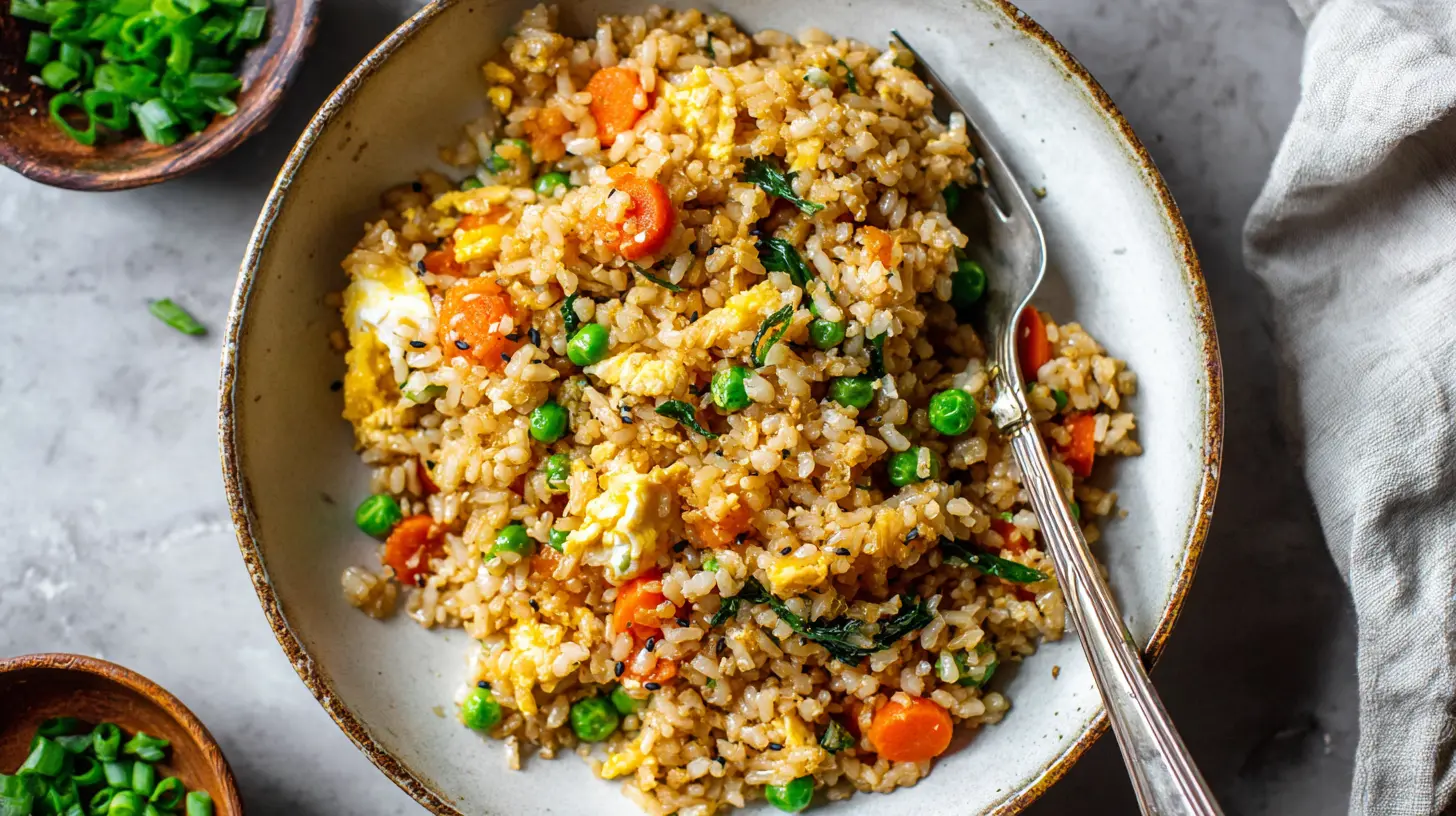 Easy Healthy Dinner Recipe with Rice: 7 Nights of Flavor 1 A plate featuring a quick and healthy rice dinner, garnished with herbs