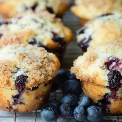 A batch of freshly baked simple blueberry muffins, golden brown and bursting with blueberries.