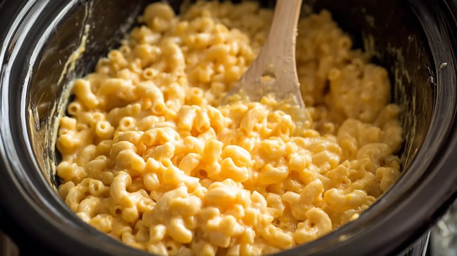 Creamy slow cooker mac and cheese with a golden cheese topping.