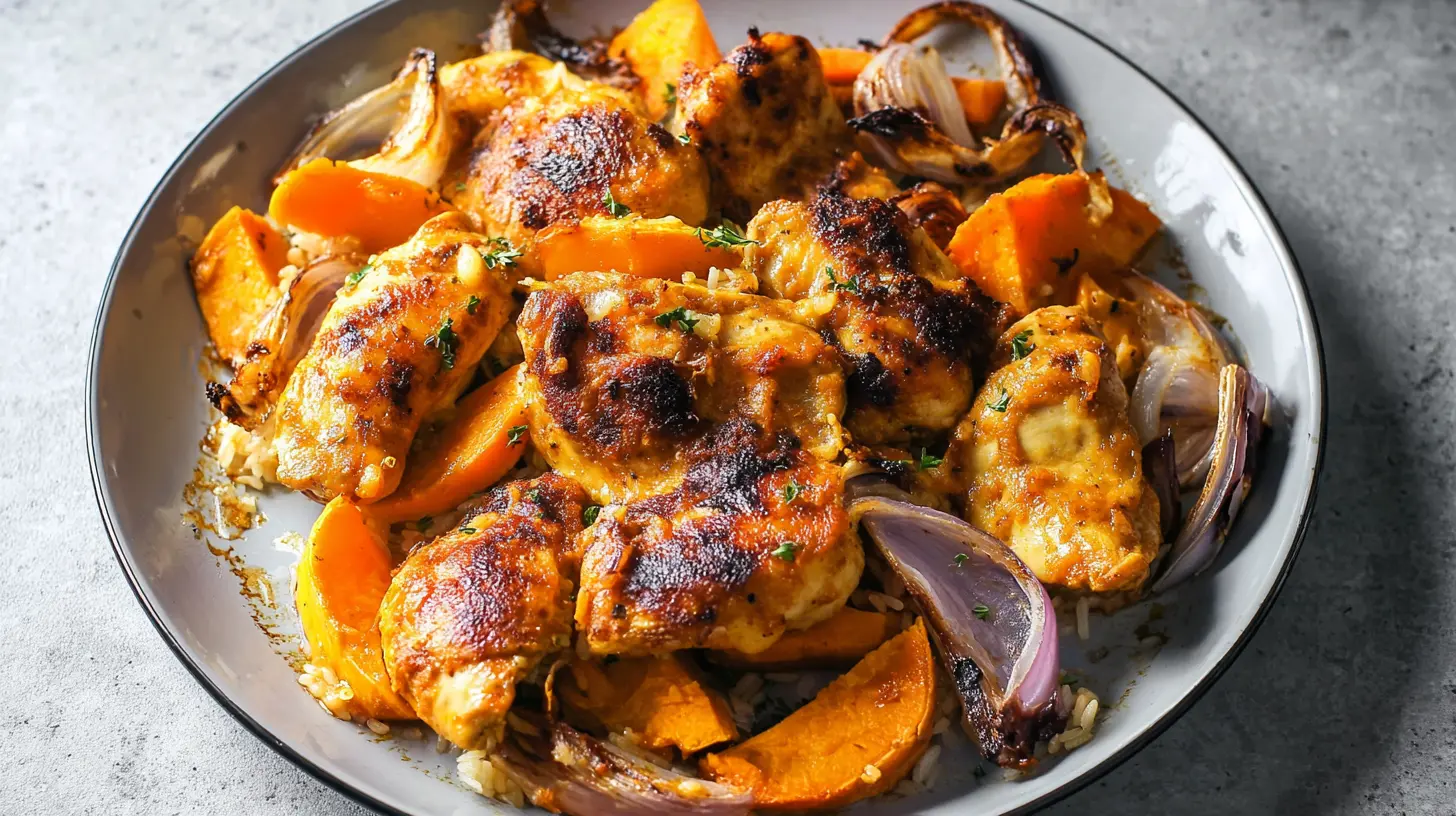 Dump-and-Bake BBQ Chicken & Sweet Potatoes — smoky-sweet tray bake: Top 3 Benefits! 1 Succulent BBQ chicken thighs and roasted sweet potatoes in a one-pan dump-and-bake meal.