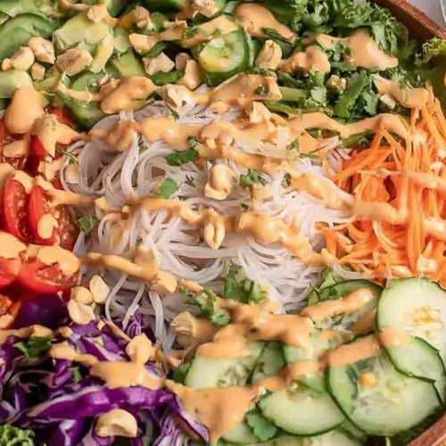 Spring Roll Salad with Peanut Dressing — crunchy veg + creamy sauce: 5 Reasons You'll Love It 2 A vibrant spring roll salad featuring crunchy vegetables and creamy peanut dressing.