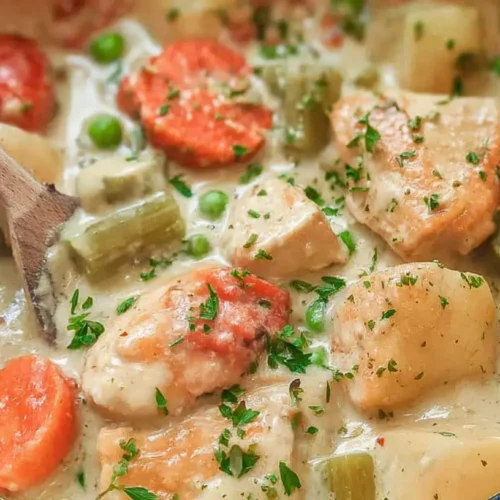 A bowl of rich winter creamy chicken stew with vegetables