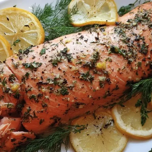 Classic Oven Baked Salmon Dinner: 1 Healthy Meal Idea! 2 A classic oven baked salmon dinner presented on a plate with vegetables.