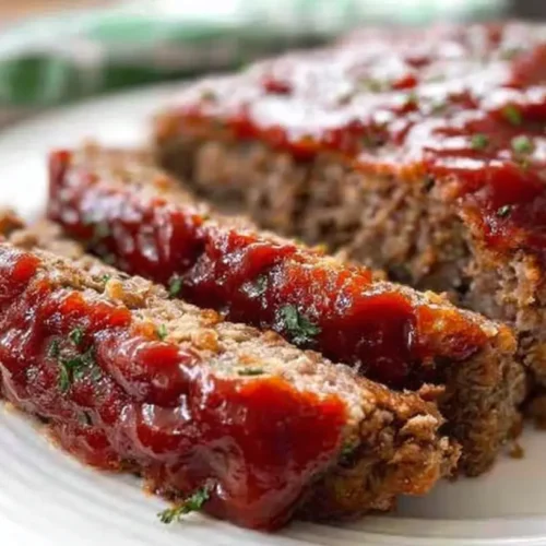 A freshly baked easy meatloaf with a shiny, rich ketchup glaze on top.