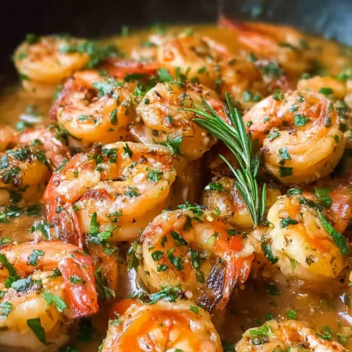Plump shrimp delicately cooked in a rich garlic butter sauce, ready to serve.
