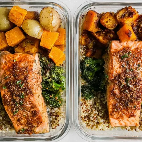 Healthy Salmon Meal Prep: 8 Smart Savings Tips 2 A healthy salmon meal prep with roasted vegetables and rice in a container.