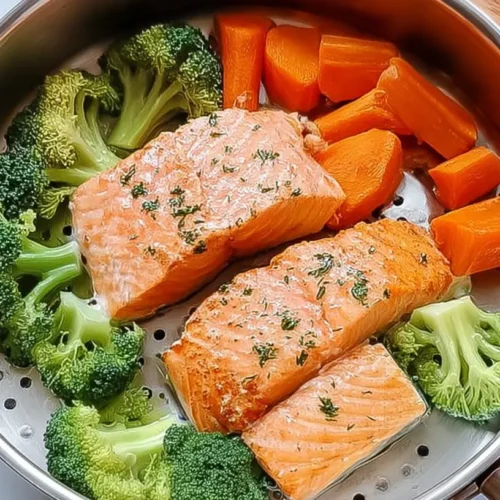 Salmon with Steamed Veggies: The 7 Best Marinades 2 A plate featuring a perfectly cooked salmon fillet alongside a colorful medley of steamed vegetables.