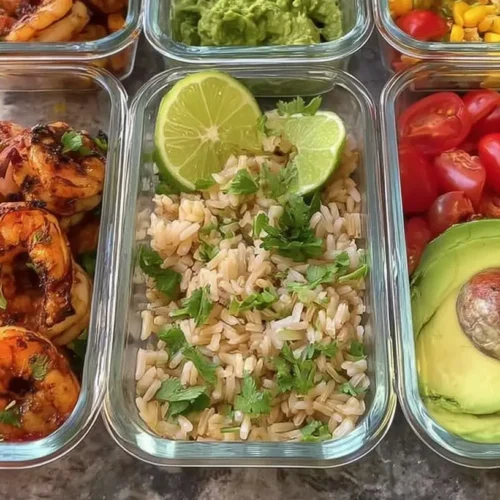 Healthy Shrimp Meal Prep: 10 Genius Time-Savers 2 A healthy shrimp meal prep container with rice and vegetables