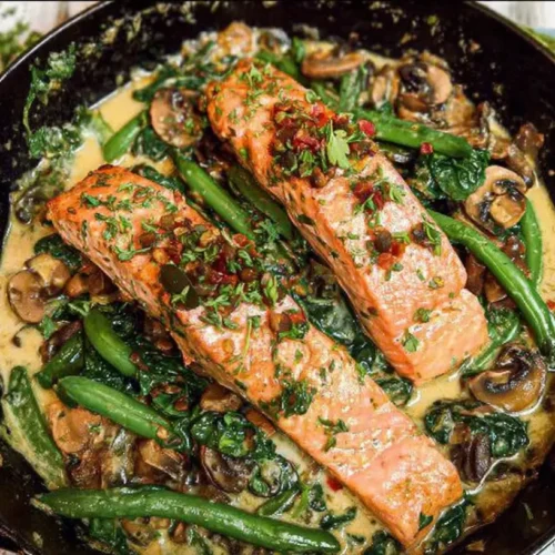 Low-Carb Salmon Skillet Dinner: How 1 Dish Impresses 2 A low-carb salmon skillet dinner with vegetables cooking in a pan