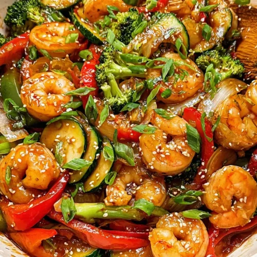 Simple Shrimp Stir Fry: 3 Weeknight Wins. 2 A colorful and simple shrimp stir fry with various vegetables in a pan.