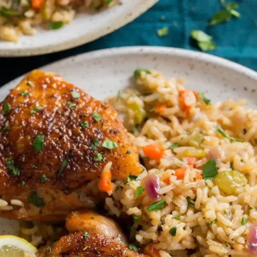 Baked Chicken and Rice: 4 Must-Try Flavor Combos 2 A baking dish filled with golden brown baked chicken and rice, ready to serve.