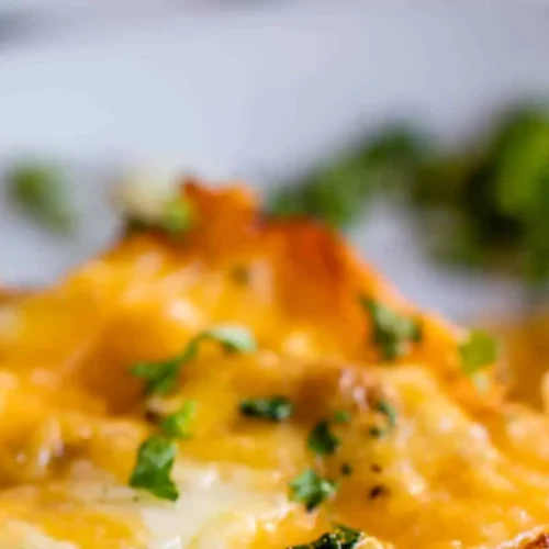A full pan of make ahead breakfast casserole for a crowd, ready to serve